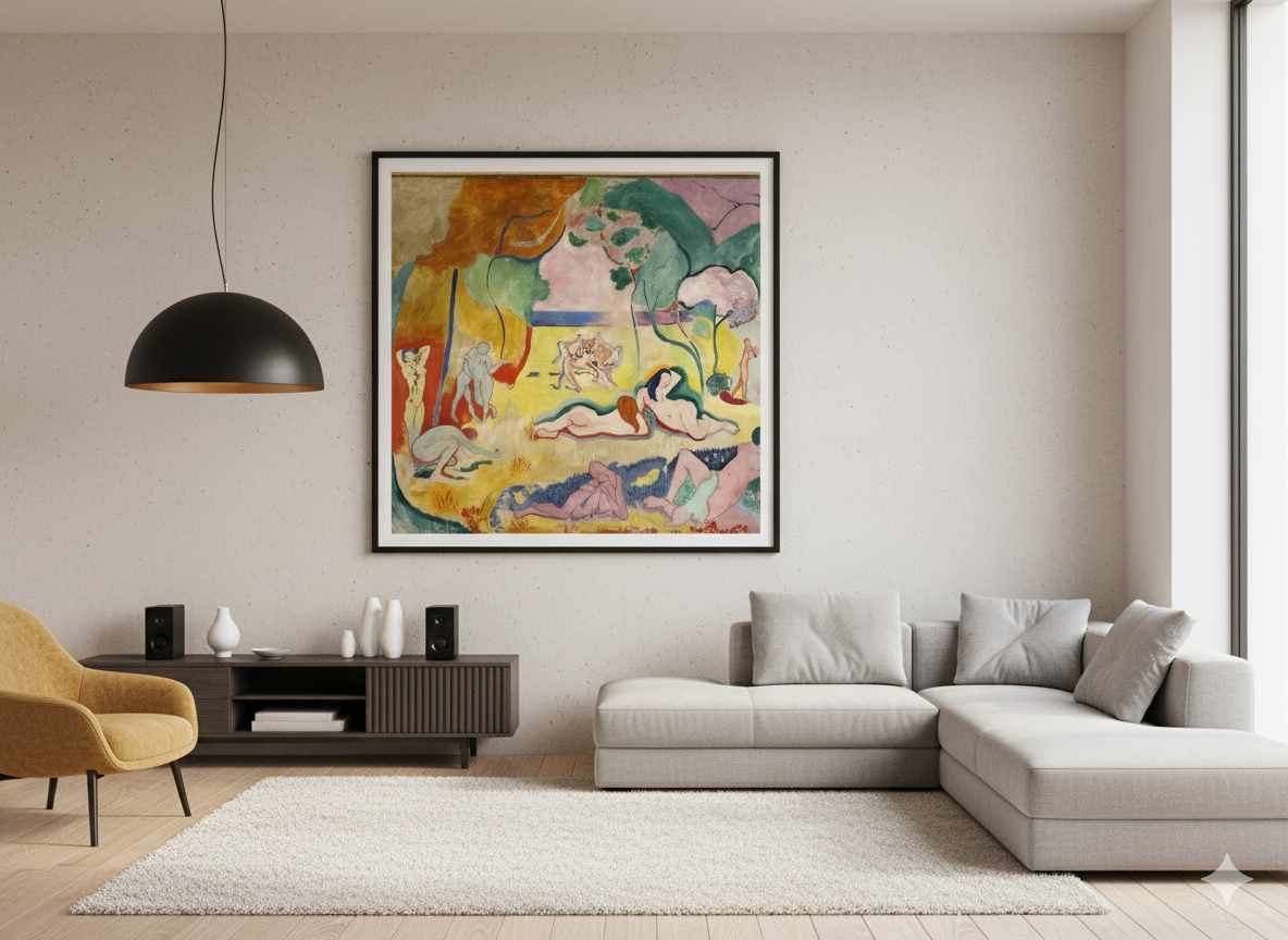 Cuadro de arte del estilo fauvismo en render de living