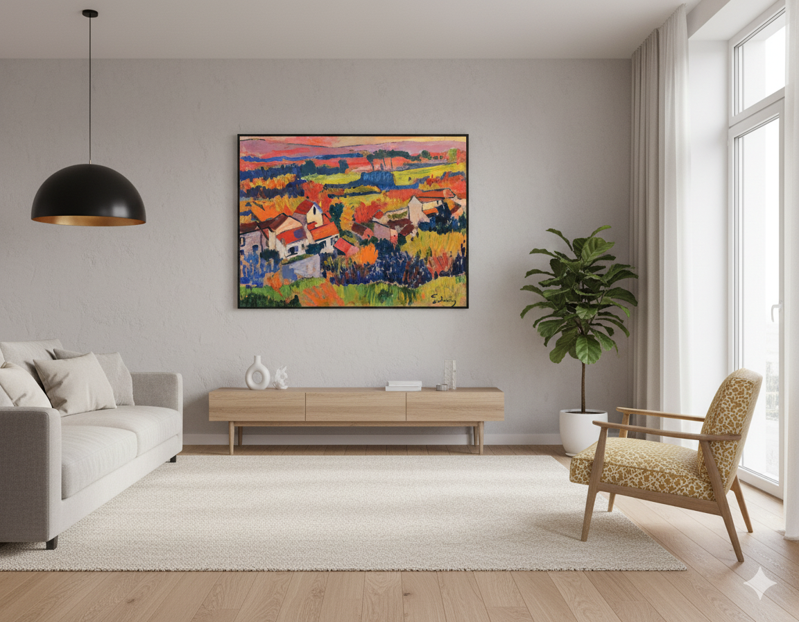 Cuadro de arte del estilo fauvismo en render de living