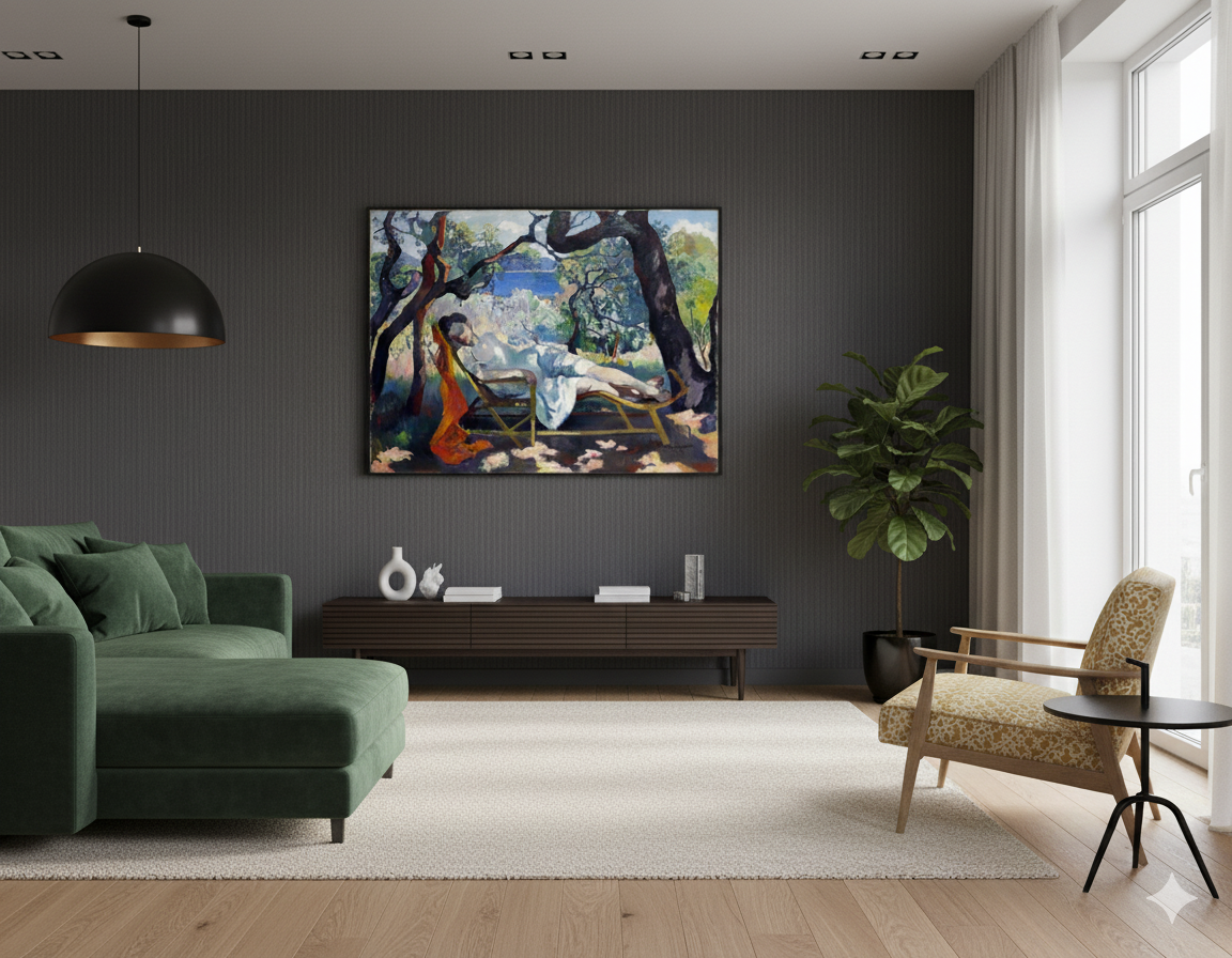 Cuadro de arte del estilo fauvismo en render de living