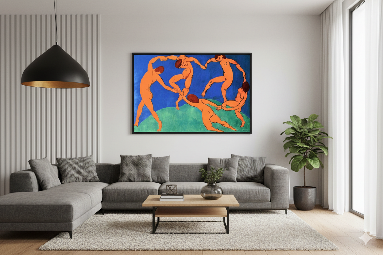 Cuadro de arte del estilo fauvismo en render de living