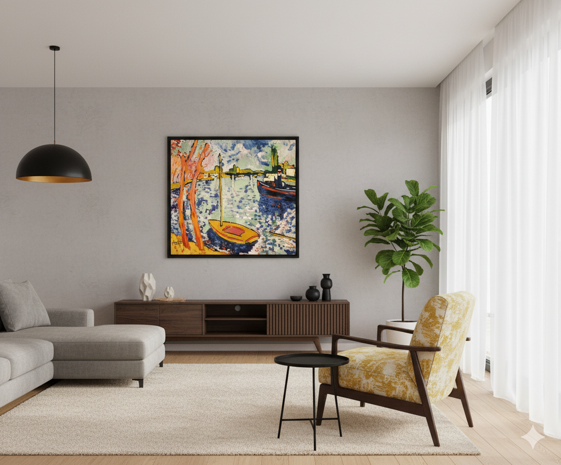 Cuadro de arte del estilo fauvismo en render de living
