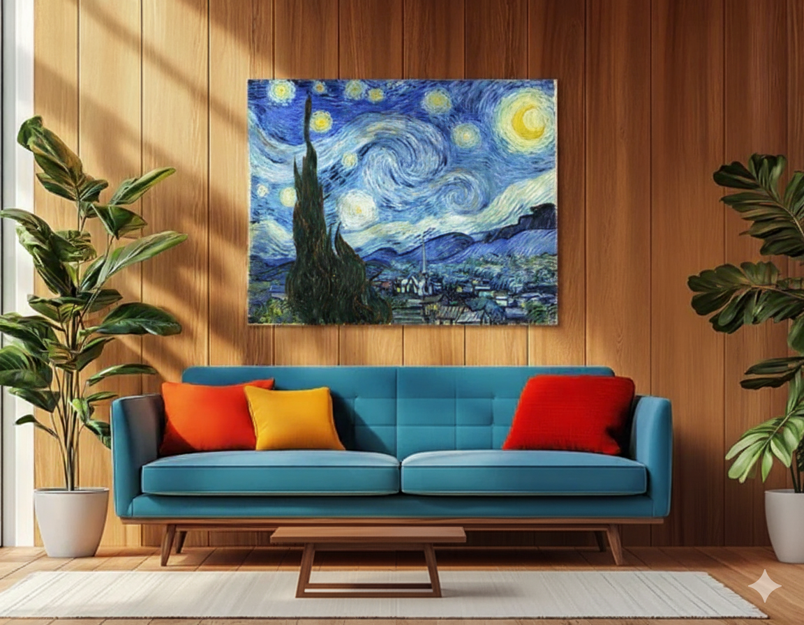 Cuadro de arte del estilo fauvismo en render de living