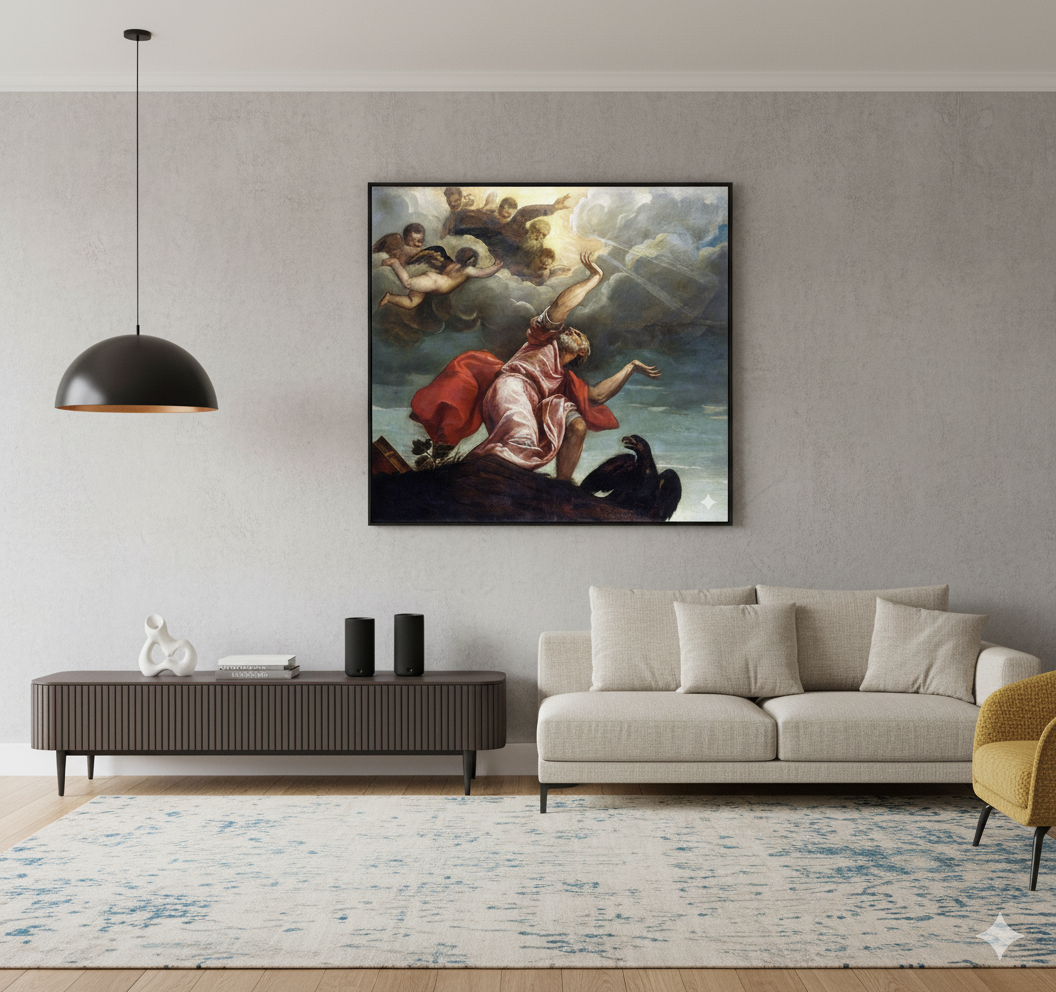 Cuadro de arte del estilo fauvismo en render de living
